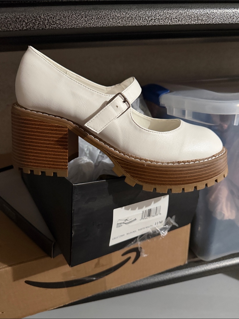 Natan White Mary Jane Chunky Lug Heel Pumps